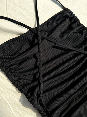 Solid-Colored Side Drawstring Pleated Cami Bodysuit