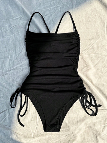 Solid-Colored Side Drawstring Pleated Cami Bodysuit