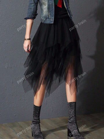 Solid Asymmetrical Hem Mesh Overlay Skirt
