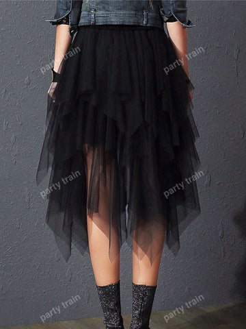 Solid Asymmetrical Hem Mesh Overlay Skirt