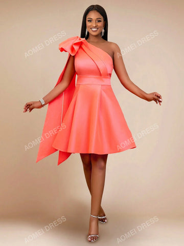 Solid Big Bow Detail One Shoulder Flare Hem Dress