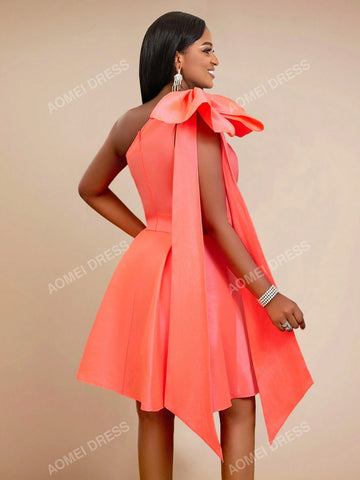 Solid Big Bow Detail One Shoulder Flare Hem Dress