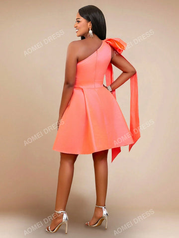 Solid Big Bow Detail One Shoulder Flare Hem Dress