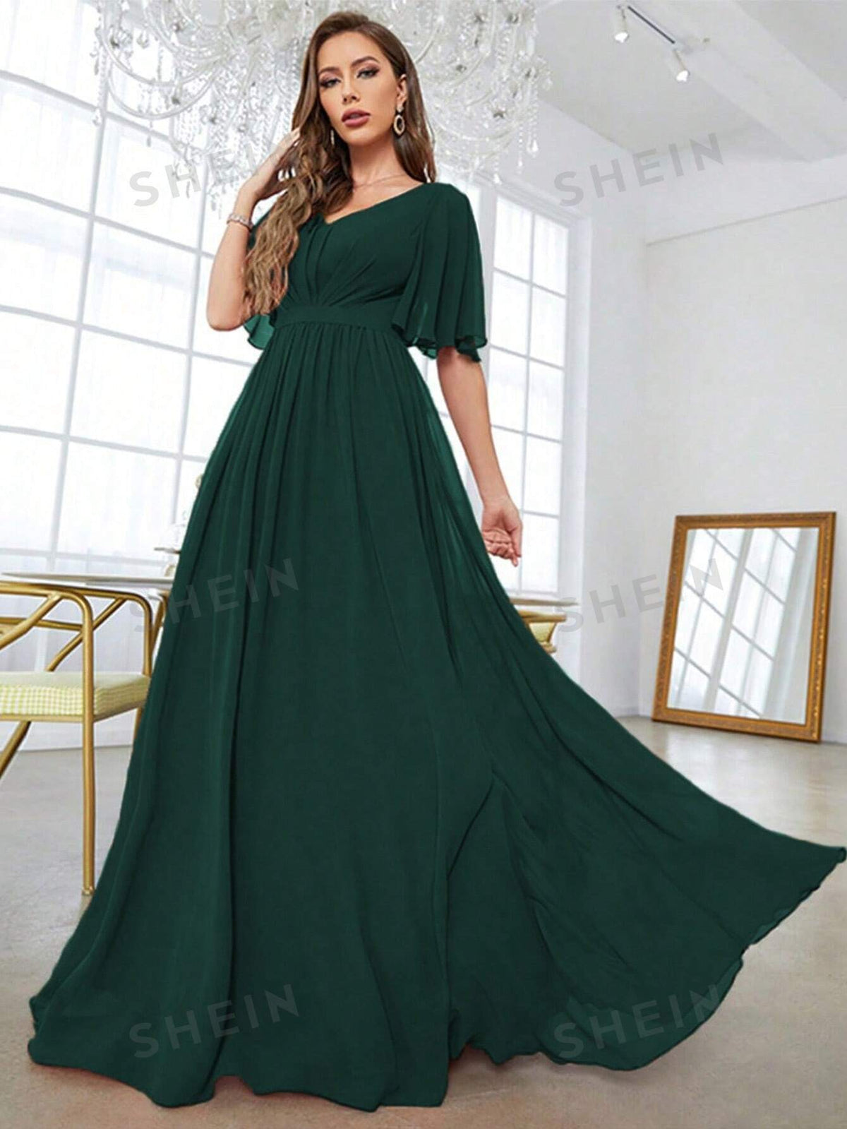 Solid Butterfly Sleeve Chiffon Bridesmaid Dress