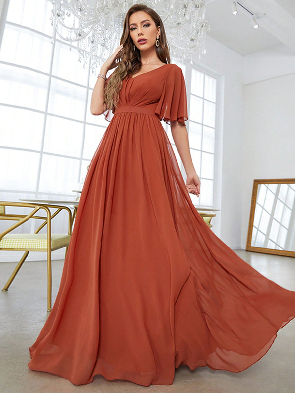 Solid Butterfly Sleeve Chiffon Bridesmaid Dress