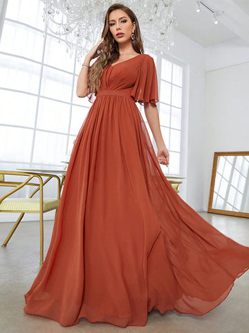 Solid Butterfly Sleeve Chiffon Bridesmaid Dress