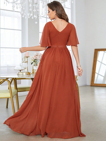 Solid Butterfly Sleeve Chiffon Bridesmaid Dress