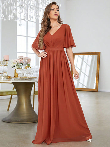 Solid Butterfly Sleeve Chiffon Bridesmaid Dress