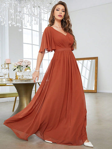 Solid Butterfly Sleeve Chiffon Bridesmaid Dress