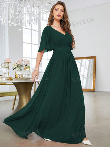 Solid Butterfly Sleeve Chiffon Bridesmaid Dress
