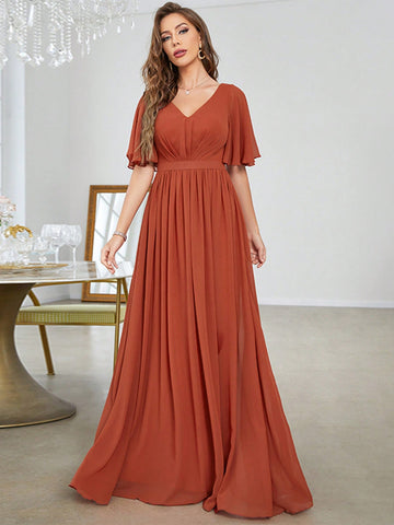 Solid Butterfly Sleeve Chiffon Bridesmaid Dress