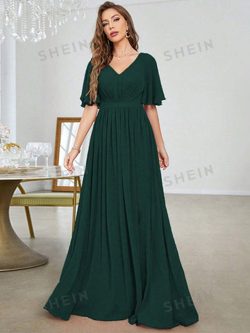 Solid Butterfly Sleeve Chiffon Bridesmaid Dress