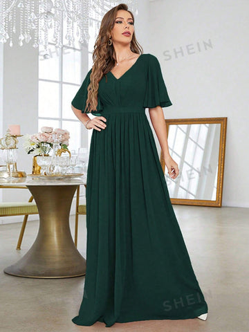 Solid Butterfly Sleeve Chiffon Bridesmaid Dress