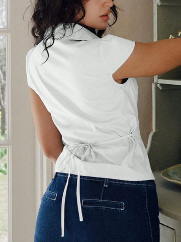 Solid Button Down Lapel Collar Short Sleeves Slim Fit T-Shirt Dress Blouse Top With Chest Pleats