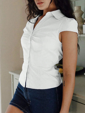 Solid Button Down Lapel Collar Short Sleeves Slim Fit T-Shirt Dress Blouse Top With Chest Pleats