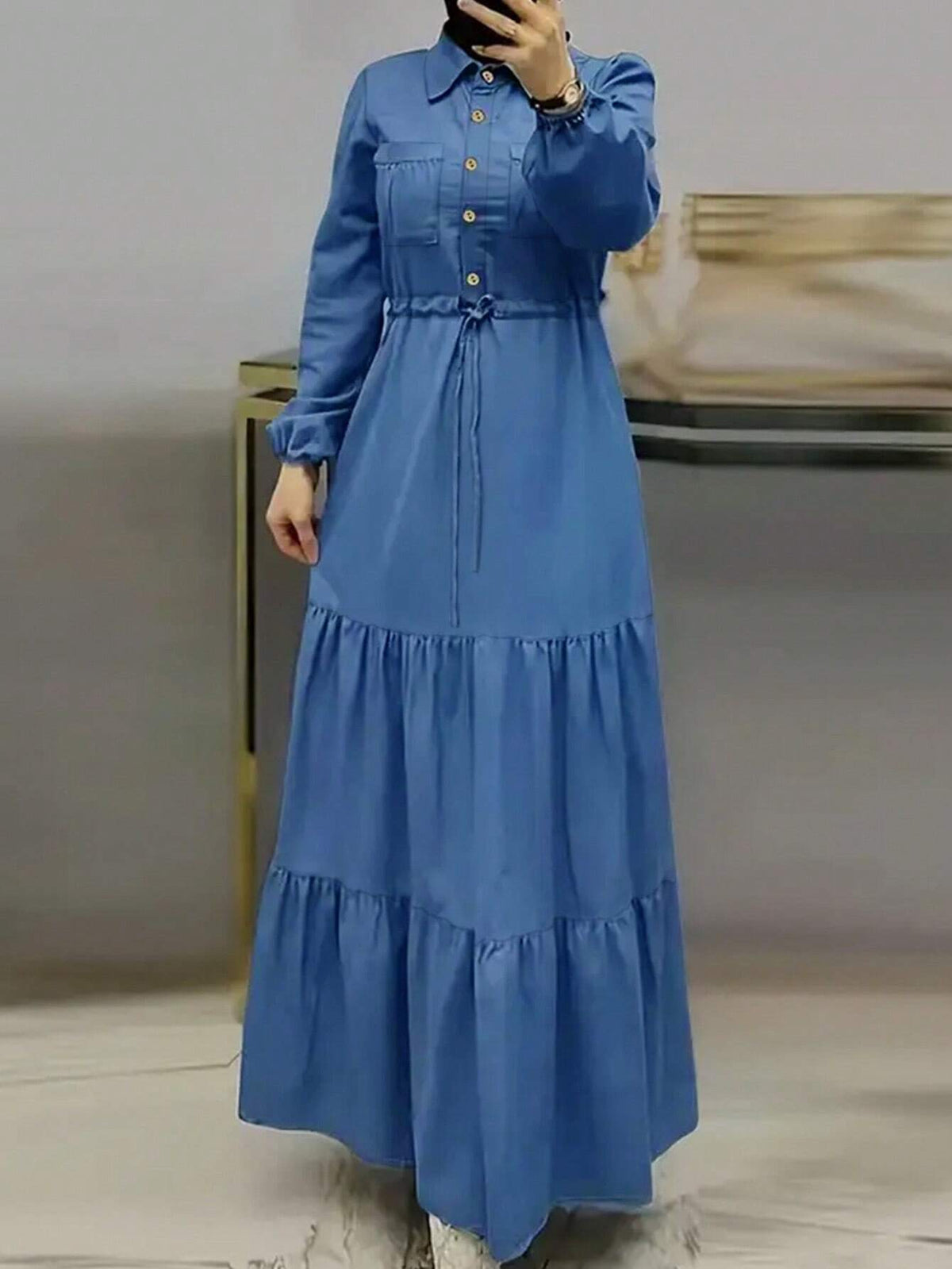 Solid Button Front Cinched Waist Shirt Dress