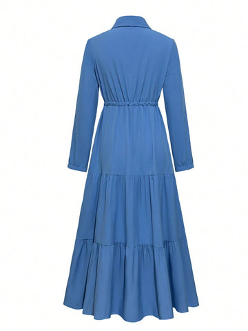 Solid Button Front Cinched Waist Shirt Dress