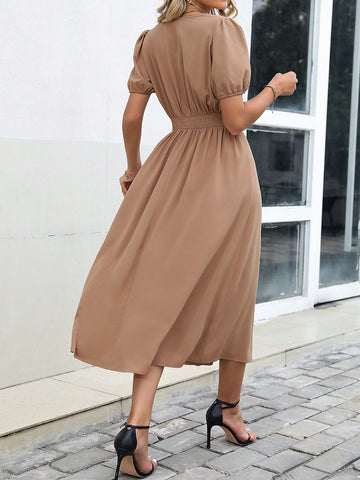Solid Button Front Puff Sleeve Fold Pleated Detail Dress