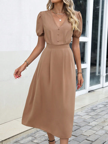Solid Button Front Puff Sleeve Fold Pleated Detail Dress