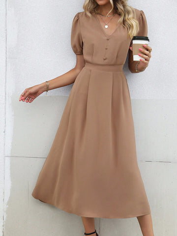 Solid Button Front Puff Sleeve Fold Pleated Detail Dress