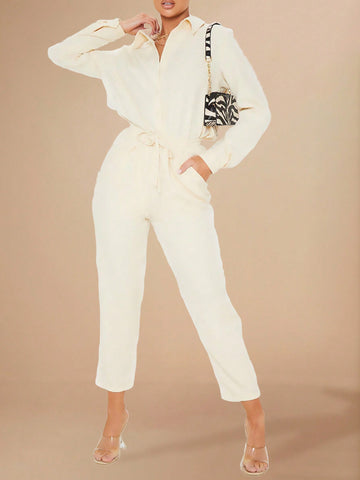 Solid Button Front Shirt & Drawstring Waist Pants