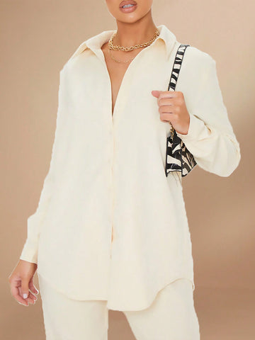Solid Button Front Shirt & Drawstring Waist Pants