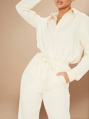 Solid Button Front Shirt & Drawstring Waist Pants