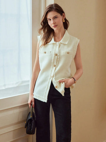 Solid Button Front Sleeveless Shirt For Dailywear