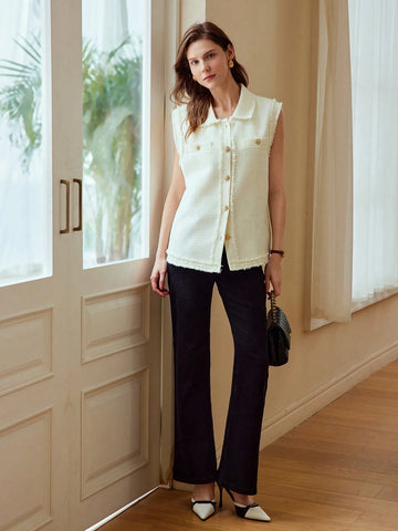 Solid Button Front Sleeveless Shirt For Dailywear