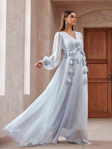 Solid Color 3D Flower Decorated Lantern Sleeve Extra Long Bridesmaid Dress