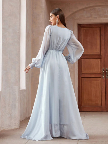 Solid Color 3D Flower Decorated Lantern Sleeve Extra Long Bridesmaid Dress