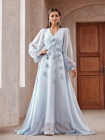 Solid Color 3D Flower Decorated Lantern Sleeve Extra Long Bridesmaid Dress