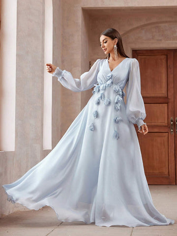 Solid Color 3D Flower Decorated Lantern Sleeve Extra Long Bridesmaid Dress