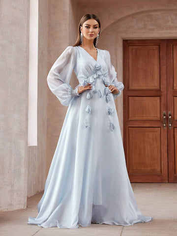 Solid Color 3D Flower Decorated Lantern Sleeve Extra Long Bridesmaid Dress