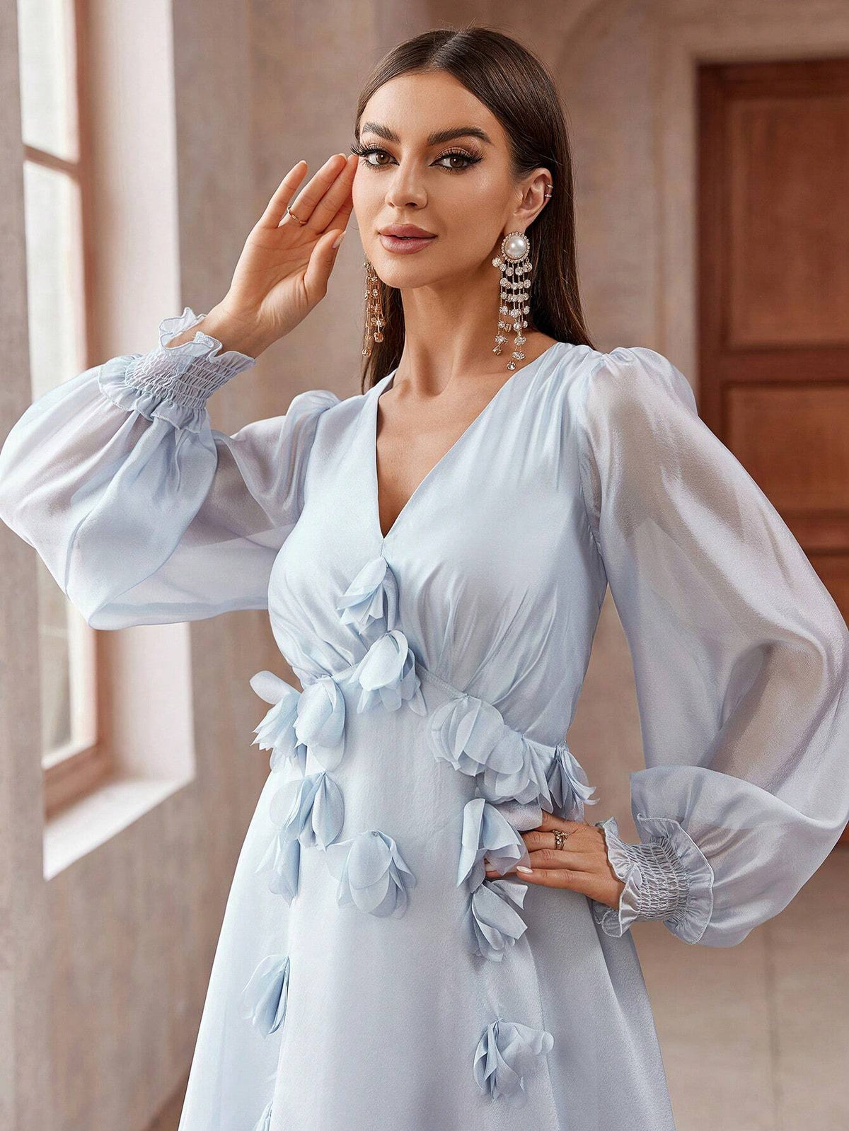 Solid Color 3D Flower Decorated Lantern Sleeve Extra Long Bridesmaid Dress