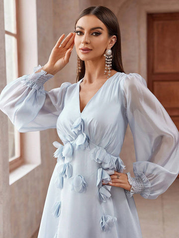 Solid Color 3D Flower Decorated Lantern Sleeve Extra Long Bridesmaid Dress