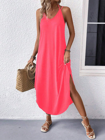 Solid Color Arc Hem Halter Neck Dress