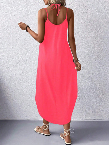 Solid Color Arc Hem Halter Neck Dress