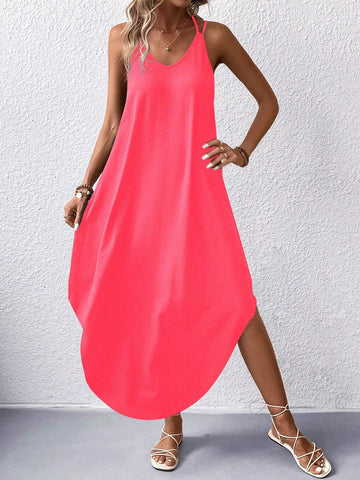 Solid Color Arc Hem Halter Neck Dress