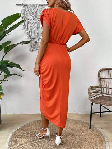 Solid Color Asymmetrical Collar & Gathered Waist Dress