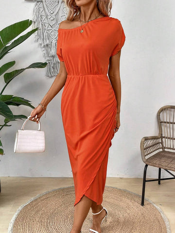 Solid Color Asymmetrical Collar & Gathered Waist Dress