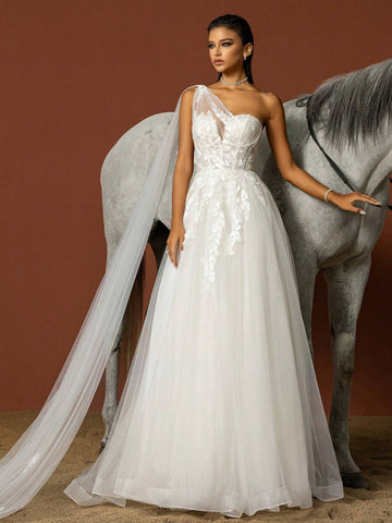 Solid Color Asymmetrical Neck Mesh Patchwork Wedding Dress