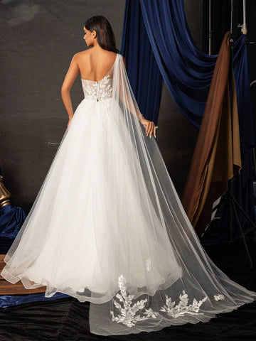 Solid Color Asymmetrical Neck Mesh Patchwork Wedding Dress