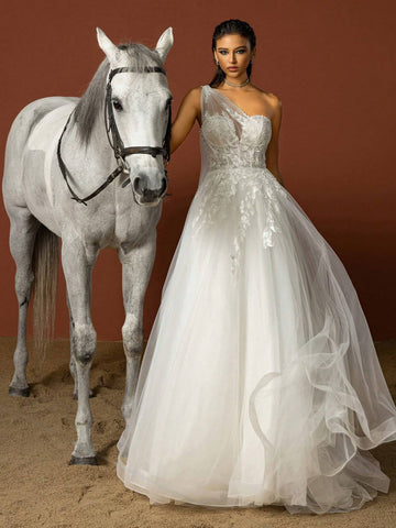 Solid Color Asymmetrical Neck Mesh Patchwork Wedding Dress