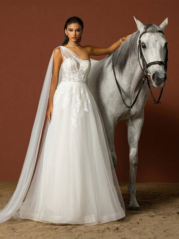 Solid Color Asymmetrical Neck Mesh Patchwork Wedding Dress