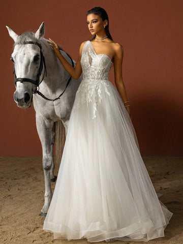 Solid Color Asymmetrical Neck Mesh Patchwork Wedding Dress