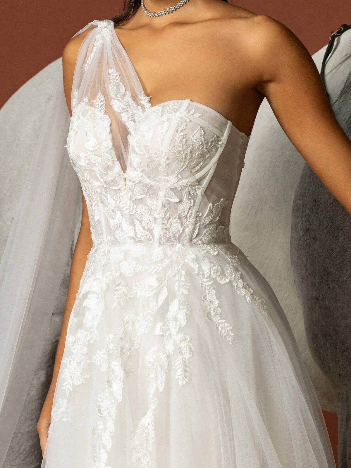 Solid Color Asymmetrical Neck Mesh Patchwork Wedding Dress
