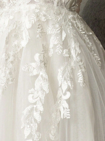 Solid Color Asymmetrical Neck Mesh Patchwork Wedding Dress
