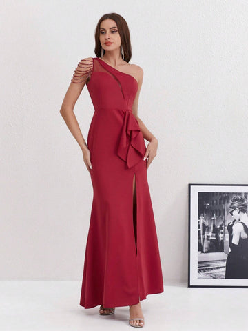 Solid Color Asymmetrical Neck Sheer Mesh Splicing Thigh-Split Formal Dress