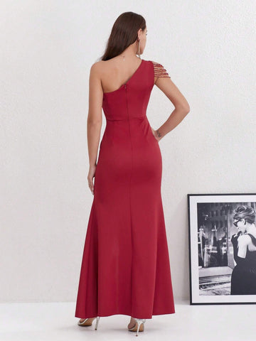 Solid Color Asymmetrical Neck Sheer Mesh Splicing Thigh-Split Formal Dress